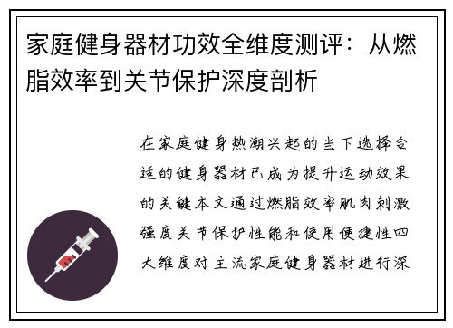 家庭健身器材功效全维度测评：从燃脂效率到关节保护深度剖析
