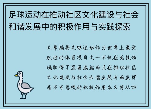 足球运动在推动社区文化建设与社会和谐发展中的积极作用与实践探索