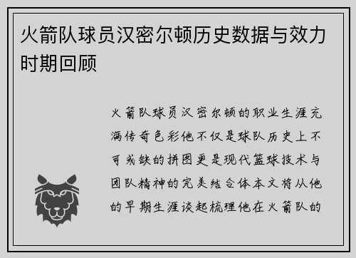 火箭队球员汉密尔顿历史数据与效力时期回顾