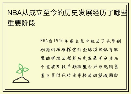 NBA从成立至今的历史发展经历了哪些重要阶段