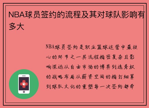 NBA球员签约的流程及其对球队影响有多大