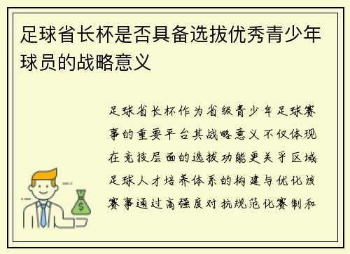 足球省长杯是否具备选拔优秀青少年球员的战略意义